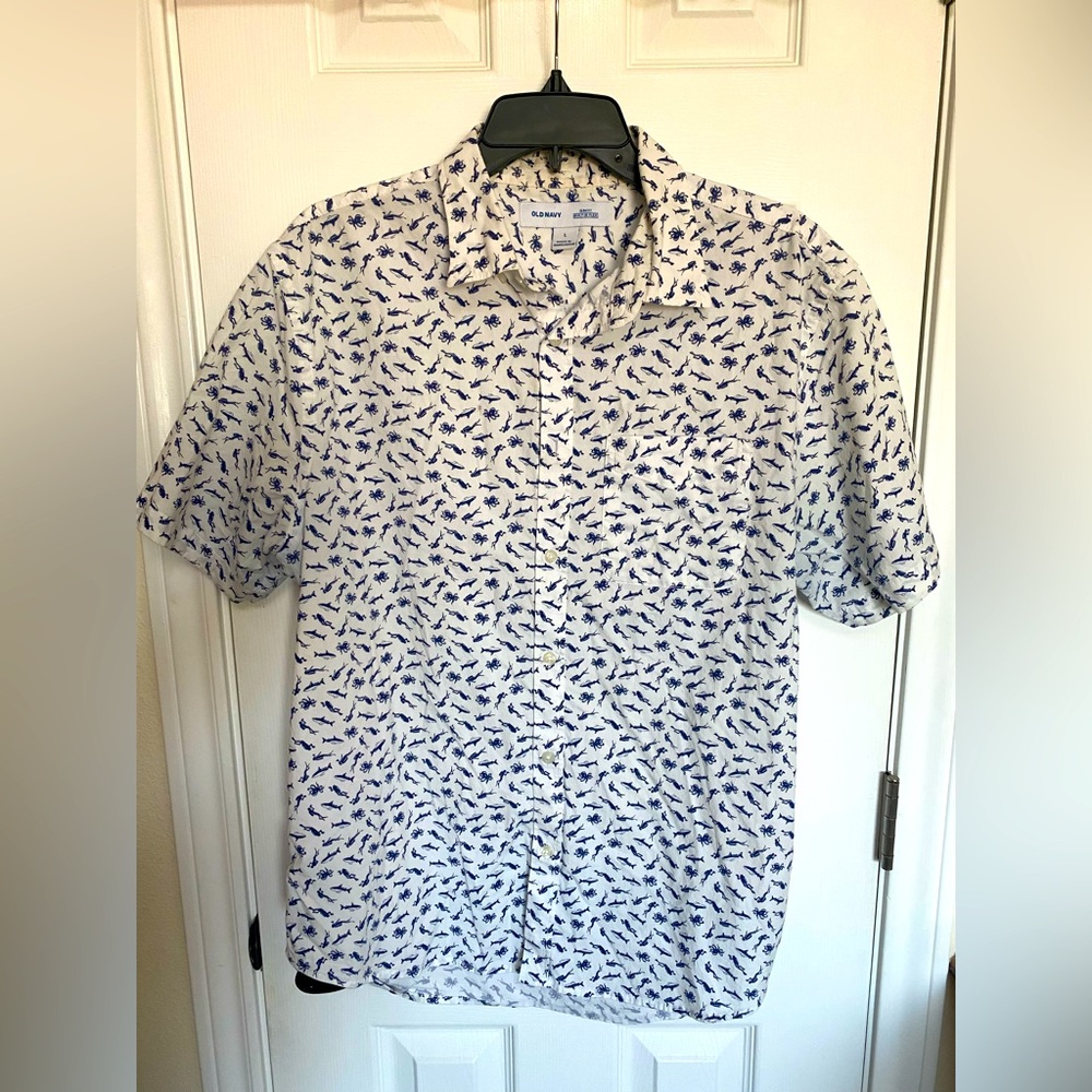 Old Navy Shirt with Sharks and Scuba Diver Pattern